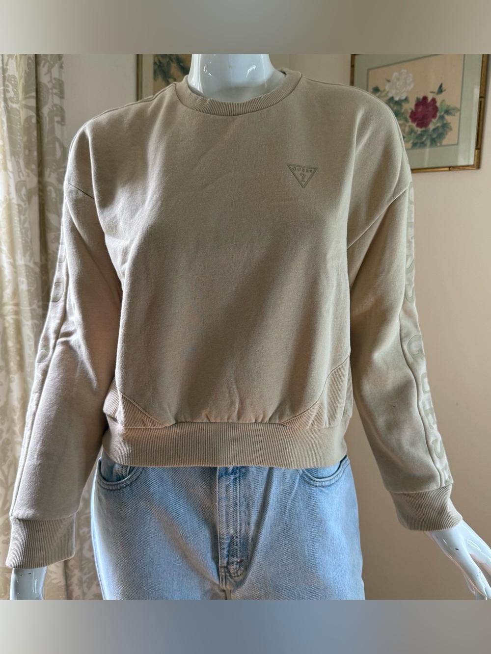 Guess Beige Cropped Crewneck Sweatshirt - Women